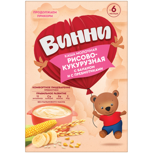 Молочная рисово-кукурузная каша Винни со вкусом банана, 200г