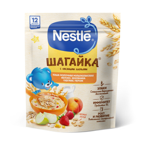 Молочная каша Nestle Шагайка 5 злаков с яблоком, земляникой и персиком 190г