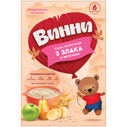 Молочная трех злаковая каша Винни со вкусом ассорти фруктов, 200г