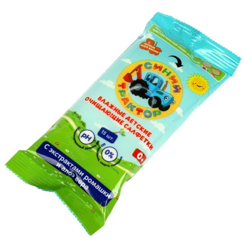 Детские влажные салфетки Синий Трактор 15шт