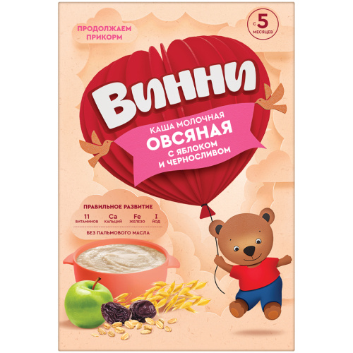 Молочная овсянная каша Винни со вкусом яблока и черносливом, 200г