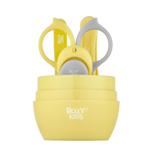 Детский маникюрный набор Roxy-Kids Листик 5в1 ножницы, пилочка, кусачки, пинцет и футляр, цвет: желтый/серый