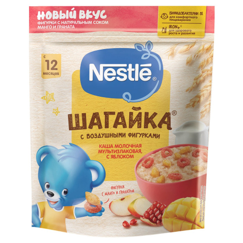 Молочная мультизлаковая каша Шагайка Nestle с воздушными фигурками из пшеницы со вкусом яблока 190гр