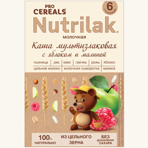 Молочная мультизлаковя каша Nutrilak Premium PROCEREALS со вкусом яблока и малины, 200г
