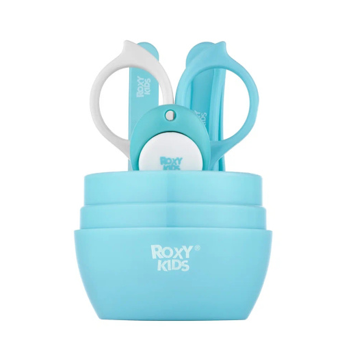 Детский маникюрный набор Roxy-Kids Листик 5в1 ножницы, пилочка, кусачки, пинцет и футляр, цвет: голубой/белый