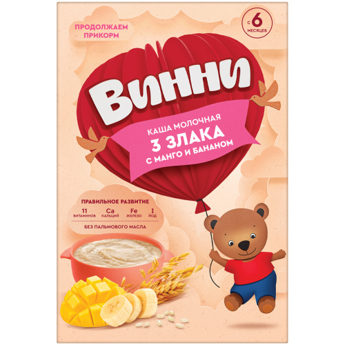 Молочная трех злаковая каша Винни со вкусом манго и банана, 200г