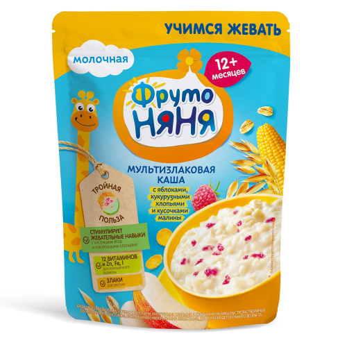 Каша Фруто Няня мультизлаковая молочная с яблоками, кукурузными хлопьями и кусочками малины 200 г