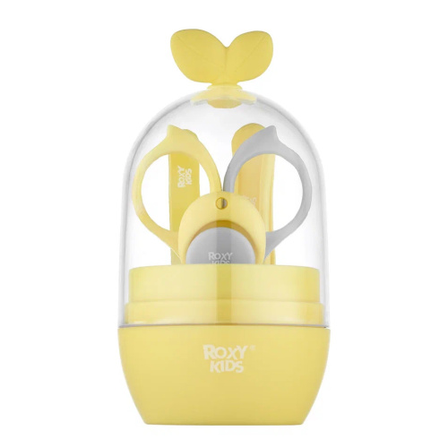 Детский маникюрный набор Roxy-Kids Листик 5в1 ножницы, пилочка, кусачки, пинцет и футляр, цвет: желтый/серый