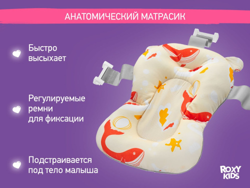 Ванночка Roxy Kids складная с термометром и матрасиком (КИТЫ, розовый)