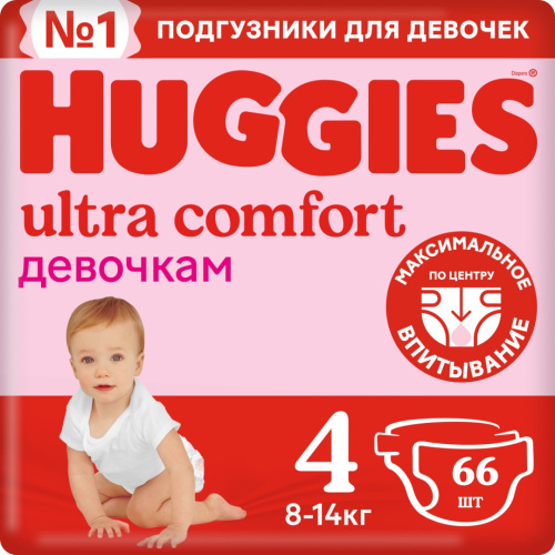 Подгузники Huggies Ultra Comfort для девочек 4 8-14 кг 66 шт