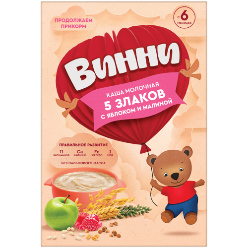 Молочная пятизлаковая каша Винни со вкусом яблока и малины, 200г