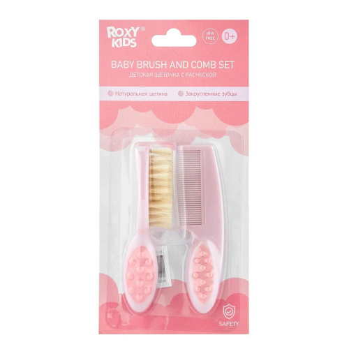 Детская расческа-щетка Roxy-Kids с мягким ворсом из овечьей шерсти и гребешок, цвет розовый