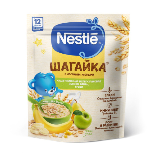 Молочная каша Nestle Шагайка 5 злаков с яблоком, бананом и грушей 190г