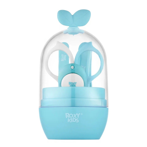 Детский маникюрный набор Roxy-Kids Листик 5в1 ножницы, пилочка, кусачки, пинцет и футляр, цвет: голубой/белый