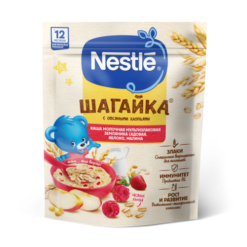 Молочная каша Nestle Шагайка мультизлаковая с яблоком, земляникой и малиной 190г