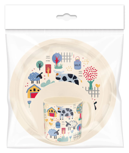 Набор посуды Idiland с принтом фермы (тарелка с декором D215мм, миска с декором D130мм, кружка 280мл)