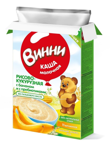Молочная рисово-кукурузная каша Винни со вкусом банана, 200г